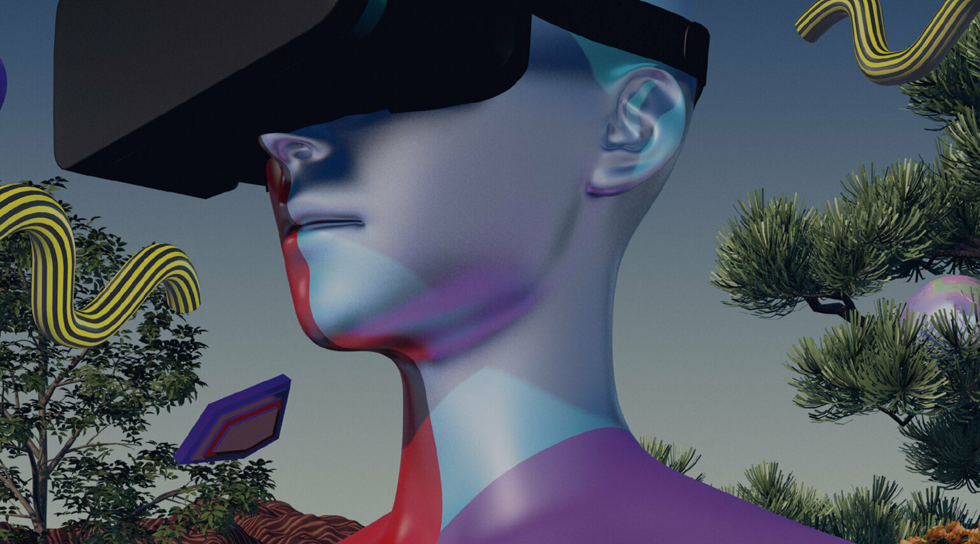 Man sieht das futuristische Titelbild des Verändernmagazins: Eine Person hat eine VR-Brille aufgesetzt